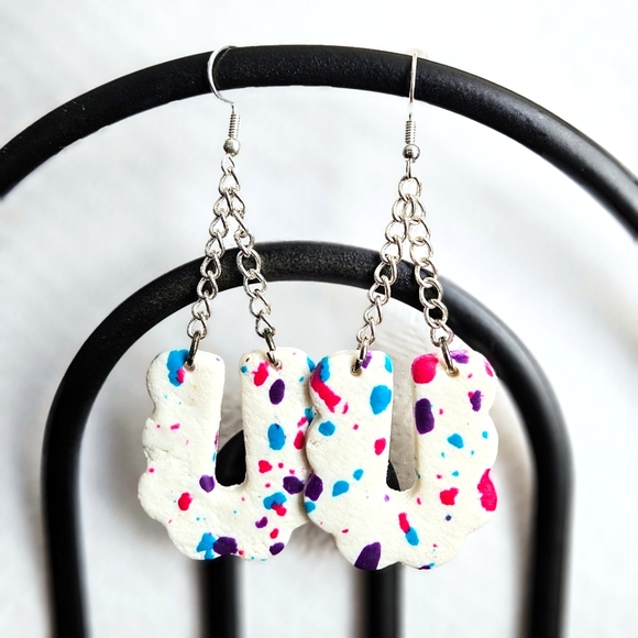 SD Handmade Leather-Effect Confetti 90's Pattern Polymer Clay Dangle Earrings - Picture 1 of 2